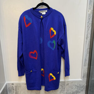 Vintage Carlisle Sport Wool Cardigan Duster Sweater Blue Colorful Hearts Medium